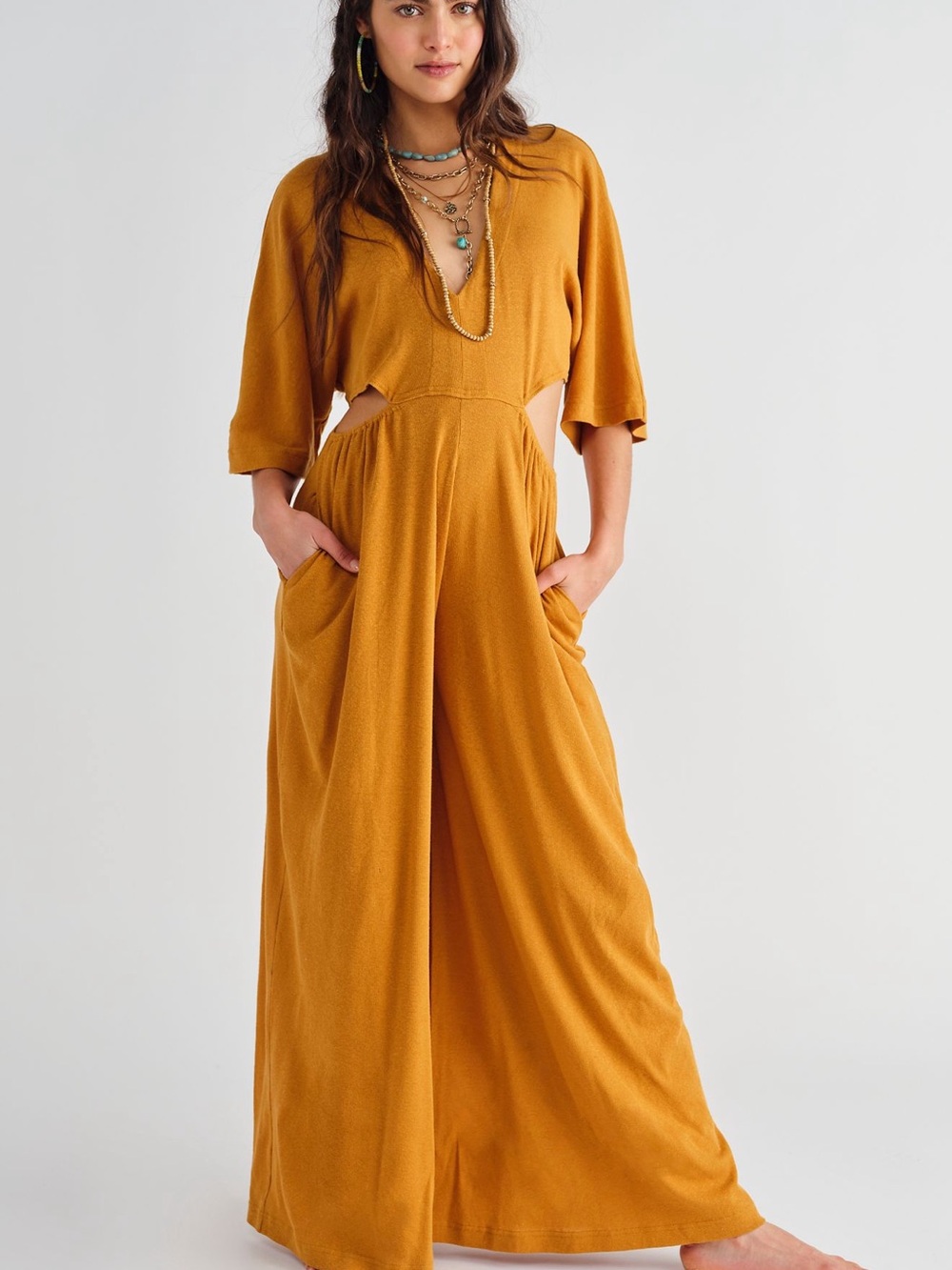 FP Beach by Free People Mustard Cutout Wide-Leg Jumpsuit